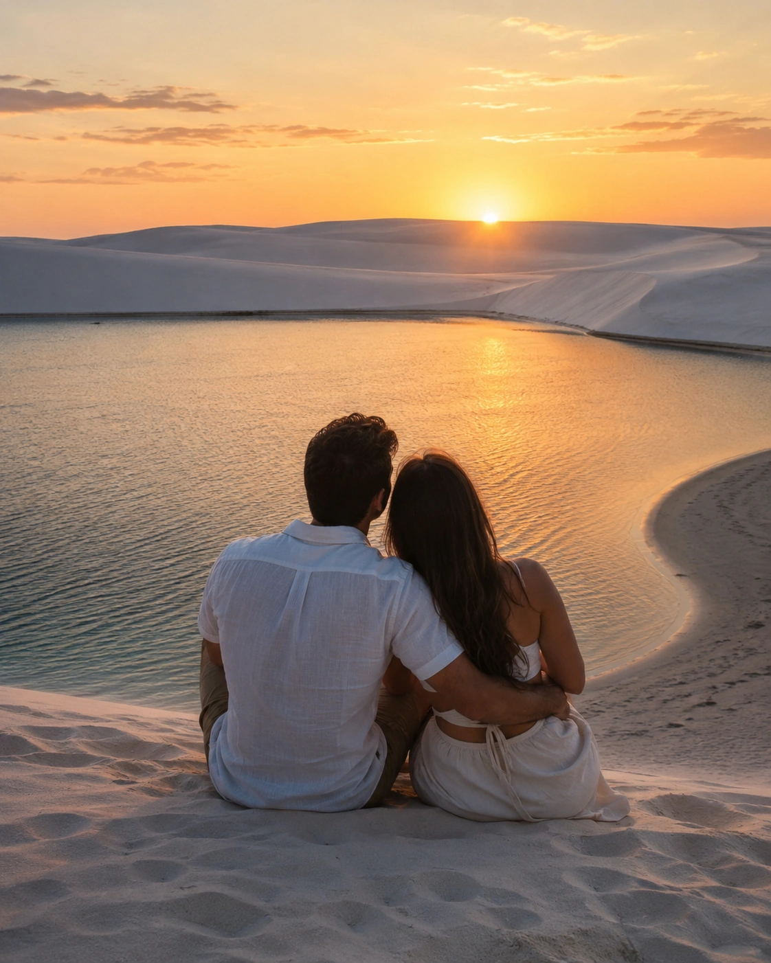 Casal apreciando o pôr do sol nas dunas